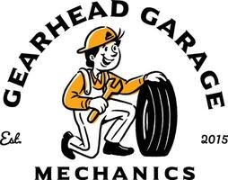 Retro-style emblem featuring a mechanic character rolling a tire, designed in a vintage illustrative style, ideal for garage branding, handyman services, and automotive merchandise. vector