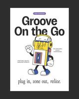 Retro-style poster featuring a portable cassette player mascot with vibrant details, ideal for music-themed decor, nostalgic branding, and creative merchandise. vector