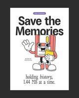 Retro-style poster featuring a floppy disk mascot with nostalgic details, ideal for tech-inspired decor, retro branding, and vintage-themed merchandise. vector