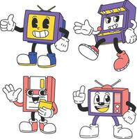 Retro-style mascots inspired by nostalgic technology items, including CRT TVs vector