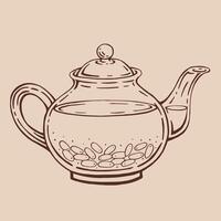 Teapot of tea with barberry. Hand drawn illustration in outline style. vector