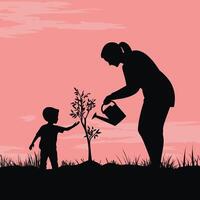 Silhouette of Parent and Child Planting a Tree Together vector