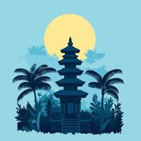 Silhouette of Pagoda with Palm Trees at Sunset vector