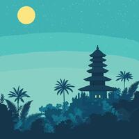 Pagoda at Night with Palm Trees and Stars vector