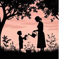 Silhouette of Parent and Child Sharing a Moment in Nature at Sunset vector