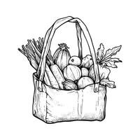 Line Art of Basket Filled with Fresh Vegetables and Herbs vector