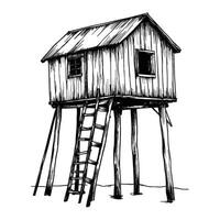 Raised Wooden House on Stilts Line Art vector