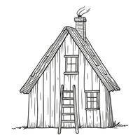 Rustic Wooden Cabin with Ladder Line Art vector