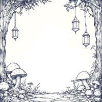 Enchanted Forest Frame with Lanterns and Mushrooms vector