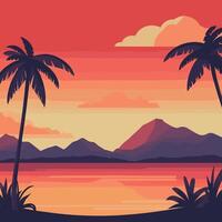 Tropical Sunset with Palm Trees and Mountains vector