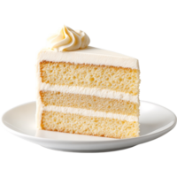 Slice of Classic Vanilla Bean Layer Cake on White Plate png