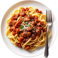 spaghetti with meat sauce on a plate with a fork png