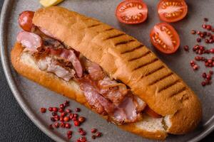 Delicious juicy hot dog with sausage, bacon, sauce, salt and spices c photo
