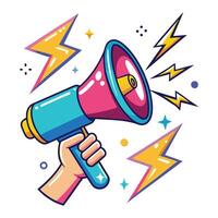 hand holding megaphone with lightning on a white background and thunderbolts vector