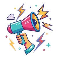 hand holding megaphone with lightning and stars on a white background vector
