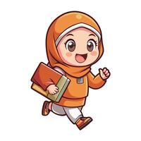 muslim girl running with books and a book vector