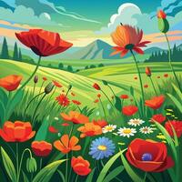 illustration of a field with red poppies and daisies vector
