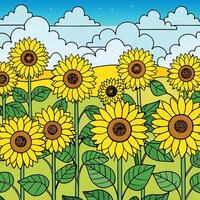 sunflowers in a field with clouds and sky vector