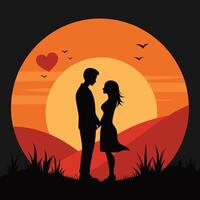 silhouette of a couple standing in front of a sunset. vector