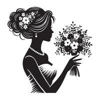silhouette of a bride with a bouquet of flowers vector