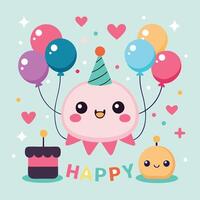 happy birthday card with cute octopus and cake vector