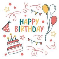 happy birthday card with balloons and cake on a white background vector