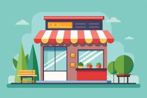 an illustration of a small store with a bench and plants vector