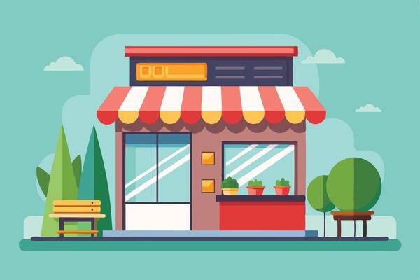 an illustration of a small store with a bench and plants