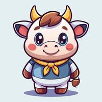 cartoon cow character with a bow tie and a blue shirt on a white background vector