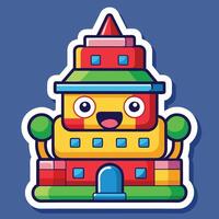 a sticker of a colorful building with a face on a white background vector