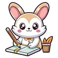 a cartoon rabbit writing with a pencil on a white background vector