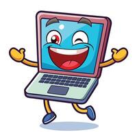 cartoon laptop character running and smiling vector