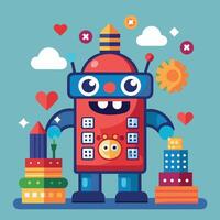 a cartoon robot with a phone and a stack of books vector