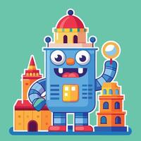 a cartoon robot with a magnifying glass and a city in the background vector