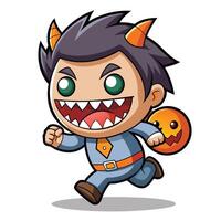 a cartoon devil running with a pumpkin bag vector