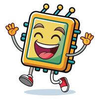 a cartoon computer chip character running and smiling vector
