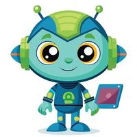 cartoon robot holding tablet computer vector