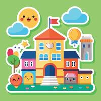 school building with balloons, balloons, and other items vector