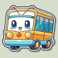 cartoon bus sticker with eyes and smile on a white background vector