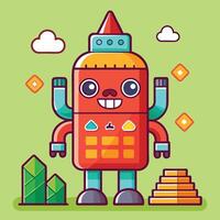 a cartoon robot with a pile of coins and a green background vector