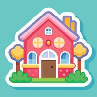 a sticker of a house with a tree and bushes on a white background vector
