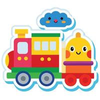 a sticker of a train with a cloud and a smiley face vector