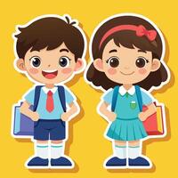 two children in school uniforms standing next to each ot on a white backgroundher vector