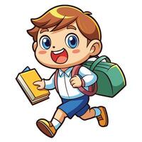 illustration of a school boy running with a book and backpack vector