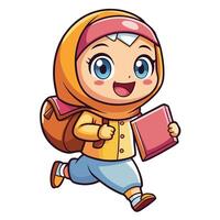muslim girl with a book and a backpack illustration vector