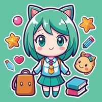 a cartoon girl with green hair and a backpack vector