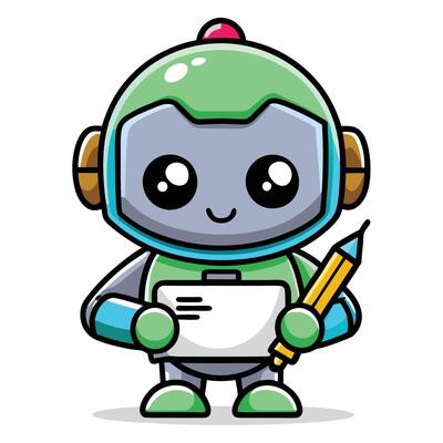 a cartoon robot holding a paper and pencil
