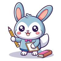 a cartoon rabbit holding a pencil and a book on a white background vector