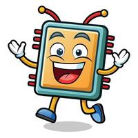a cartoon computer chip character running and waving vector