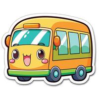 sticker of a cartoon bus with eyes and smile vector